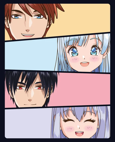 group of faces young people anime style characters