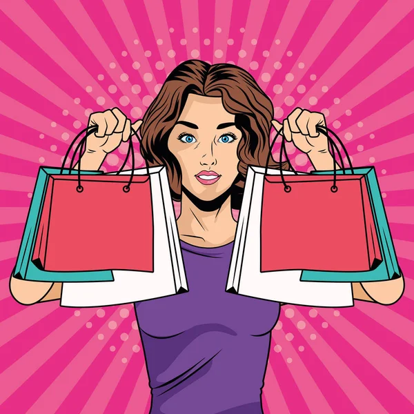Chica joven con bolsas de compras pop art estilo carácter — Vector de stock