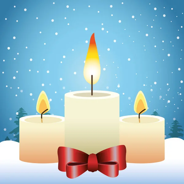 Feliz diseño navideño con velas con lazos decorativos sobre fondo nevado — Vector de stock