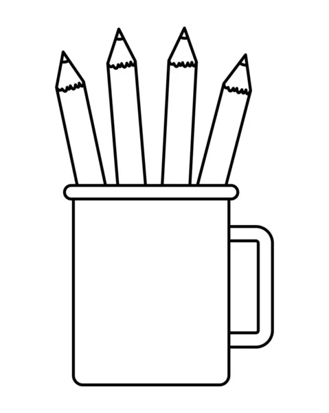 Lápices en tazas de oficina de dibujos animados aislados en blanco y negro — Archivo Imágenes Vectoriales