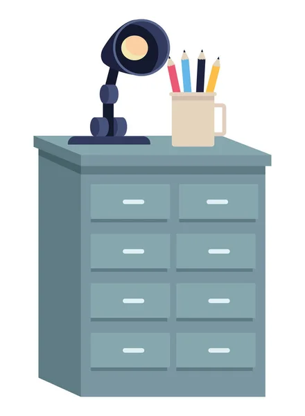 Cajón de oficina con lápices taza y luz de la lámpara de dibujos animados — Vector de stock