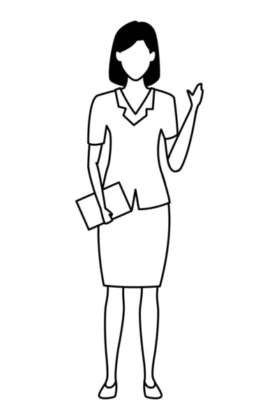 Executive businesswoman greeting and holding document in black and white — Stock Vector