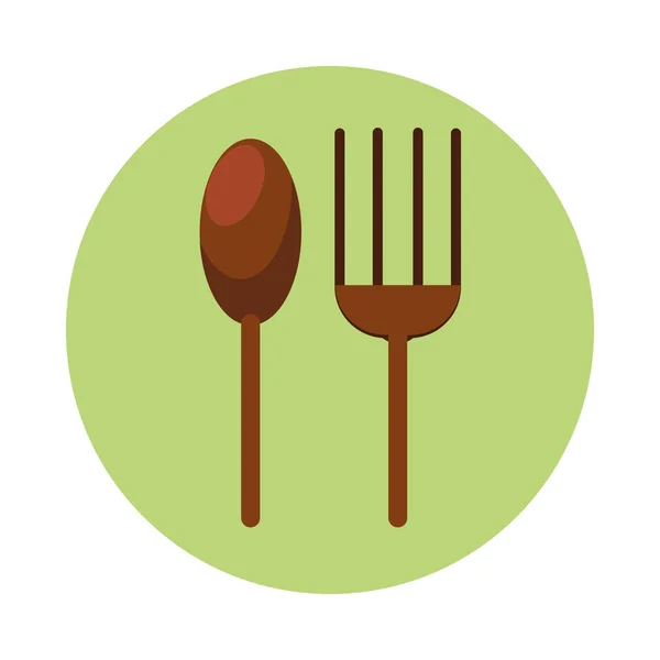 Fourchette et cuillère icône couverts en bois — Image vectorielle