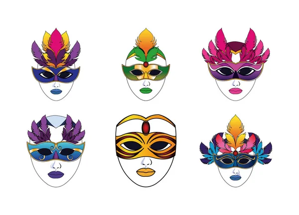 Ensemble d'icône de masque de carnaval, design coloré — Image vectorielle