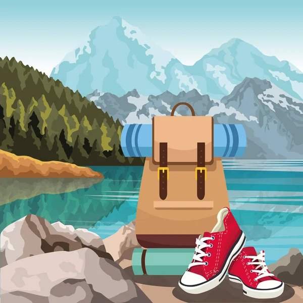 Lago y montañas paisaje con mochila de viaje y zapatos rojos casuales — Vector de stock