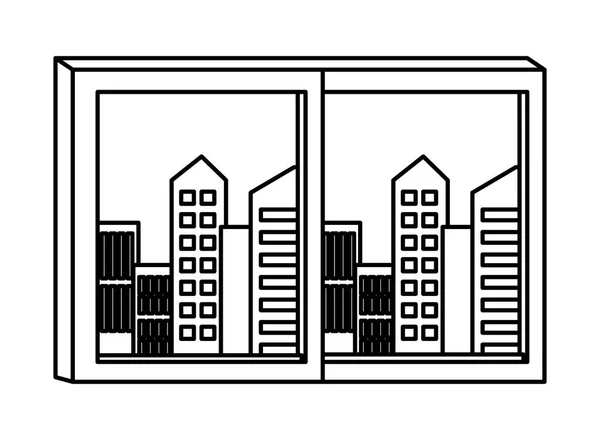 Janelas com vista cityscape desenhos animados em preto e branco — Vetor de Stock