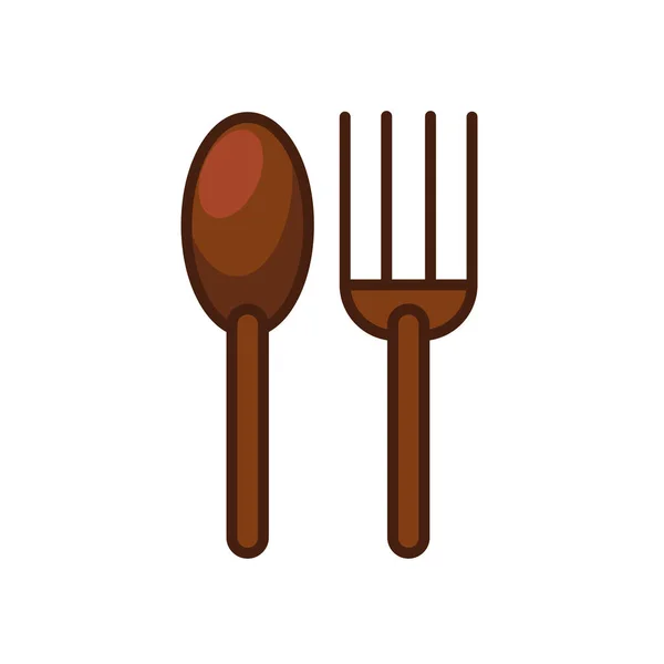 Tenedor y cuchara cutleries icono de madera — Vector de stock