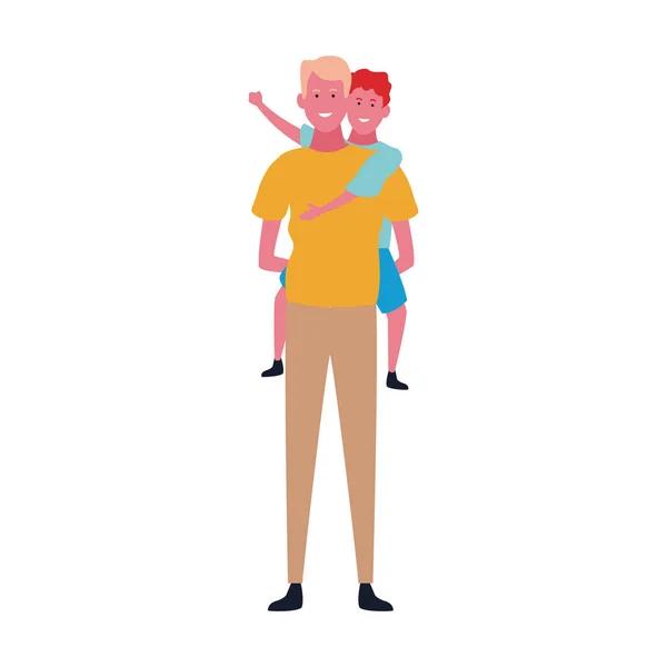 Cartoon met vader met zoon op zijn rug, kleurrijk ontwerp. — Stockvector