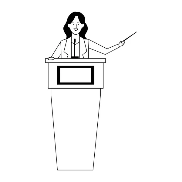 Καρτούν γυναίκα των επιχειρήσεων πίσω από ένα βάθρο, επίπεδη σχεδίαση — Διανυσματικό Αρχείο