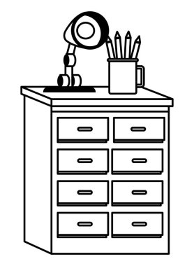 Ofis çekmecesinde kurşun kalem fincanı ve siyah beyaz lamba karikatürü.