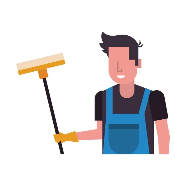 Housekepping male worker with brush broom — Stock Vector