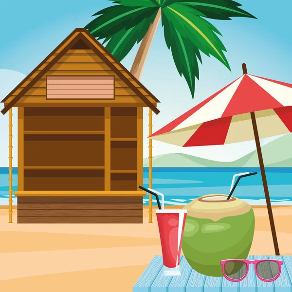 Baita e ombrellone con bibita al cocco e occhiali da sole in spiaggia — Vettoriale Stock