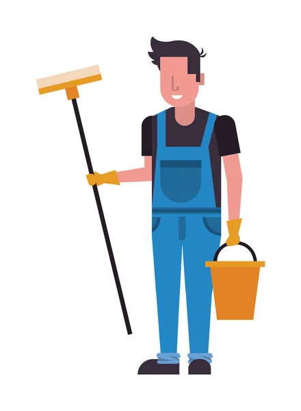 Housekepping male worker with brush broom — Stock Vector