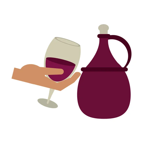 Jarra de vino y mano sosteniendo una copa — Vector de stock