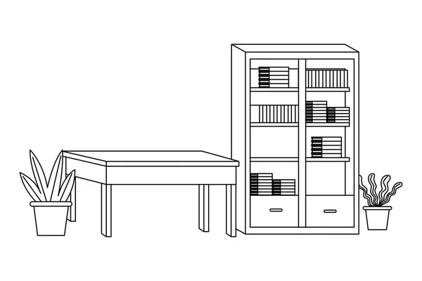 Caricaturas de elementos de oficina y lugar de trabajo en blanco y negro — Vector de stock