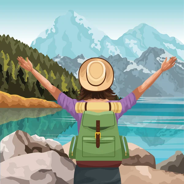 Vacker sjö och berg landskap med resenär kvinna med hatt och ryggsäck — Stock vektor