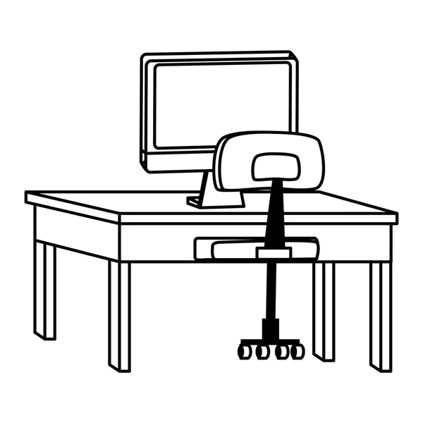 Computer on desk with office chair in black and white — 스톡 벡터