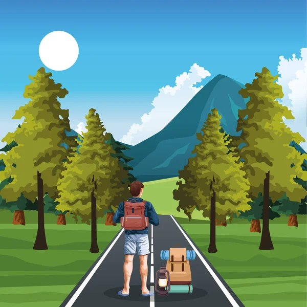 Hermoso paisaje natural con árboles y camino con viajero hombre de pie con mochilas — Vector de stock