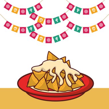 Lezzetli Meksika yemekleri ve parti çelenkleri.