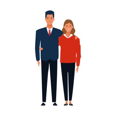 Çizgi film çifti ayakta, renkli tasarım.