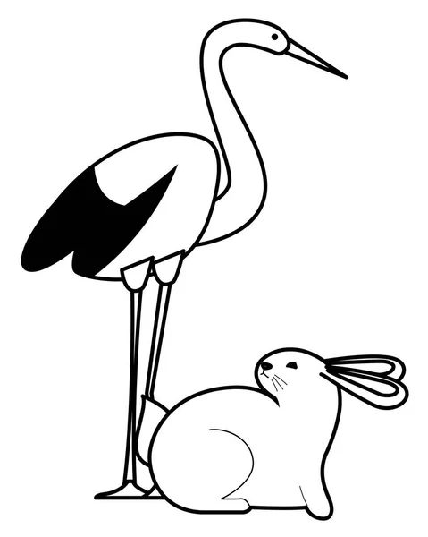Cicogna uccelli e conigli cartoni animati in bianco e nero — Vettoriale Stock
