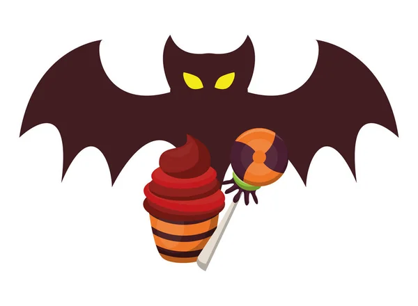 Caramelos dulces de Halloween y cupcake con bate volando — Vector de stock