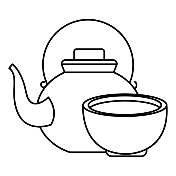 Τσαγιέρα και το τσάι ποτό σε φλιτζάνι σε μαύρο και άσπρο — Διανυσματικό Αρχείο