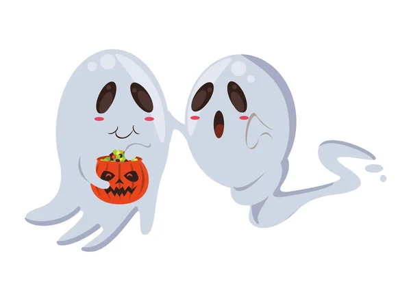 Fantômes d'Halloween flottant avec des personnages de citrouille — Image vectorielle