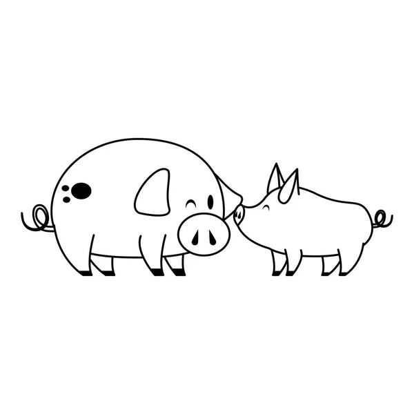 Niedliche Tiere Schweine Bauernhof Cartoon in schwarz und weiß — Stockvektor