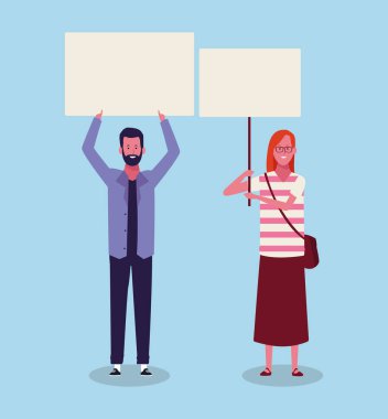 Kadın ve erkek ayakta ve protesto boş pankartlarla, renkli tasarım