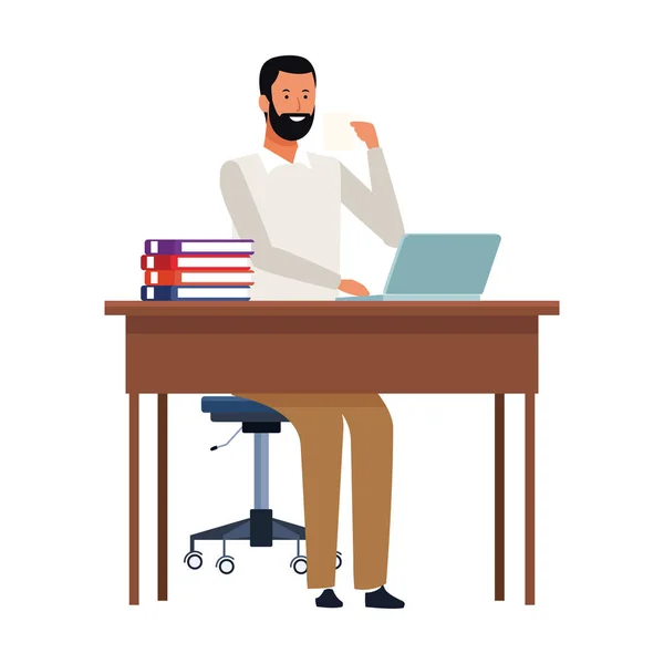 Cartoon zakenman op een bureau pictogram, plat ontwerp — Stockvector