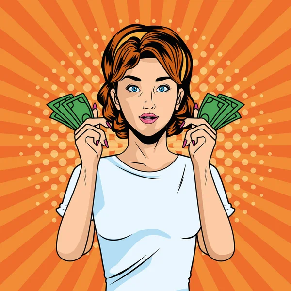 stock vector young girl with bills dollars pop art style character