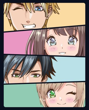 group of faces young people anime style characters