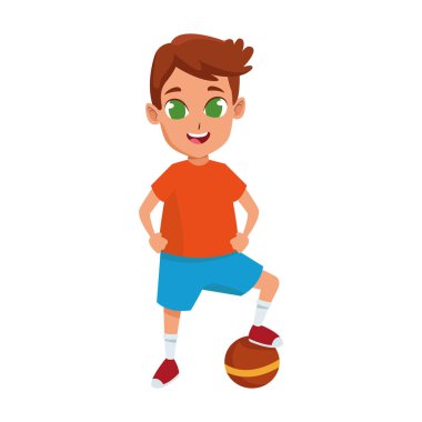 Bir top ikonu olan mutlu çocuk, düz renkli tasarım.
