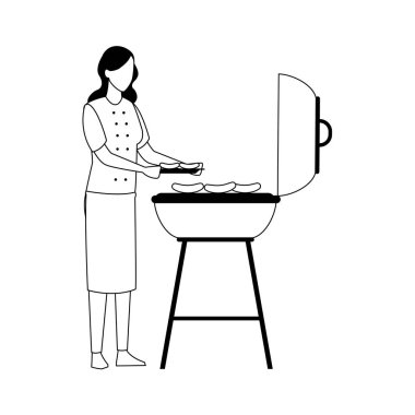 kadın ve bbq ızgara simgesi, düz tasarım