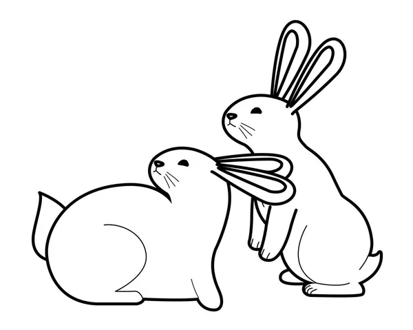 Roztomilej dva králíci v černobílých karikatech — Stockový vektor