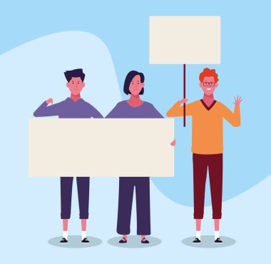 Çizgi film gençleri mavi arka planda boş pankartlarla protesto ediyorlar.