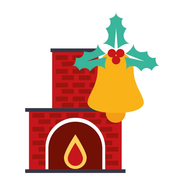 Feliz Navidad campana y chimenea icono de decoración — Vector de stock