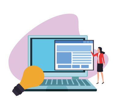 Avatar iş kadını dizüstü bilgisayar ve ampul doğrultuyor.