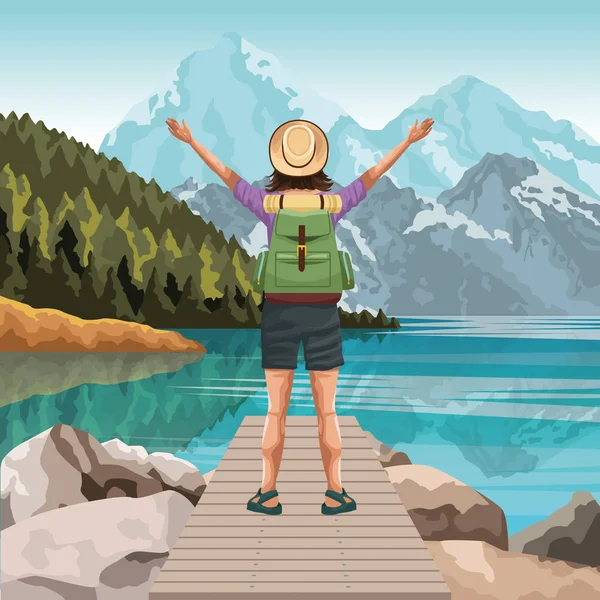 Hermoso paisaje con mujer viajera de pie con sus brazos abiertos — Vector de stock