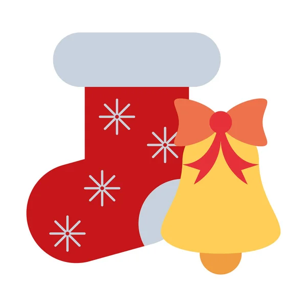 Feliz Navidad campana y calcetín icono de la decoración — Vector de stock