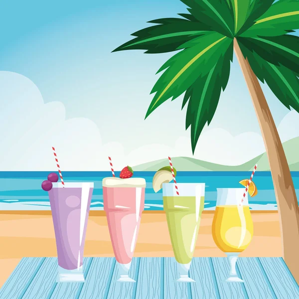 Verres avec jus de fruits à table sur la plage, design coloré — Image vectorielle