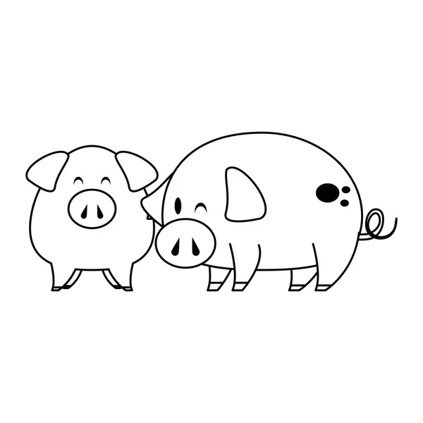 Cute animals pigs farm cartoon in black and white — Stock Vector