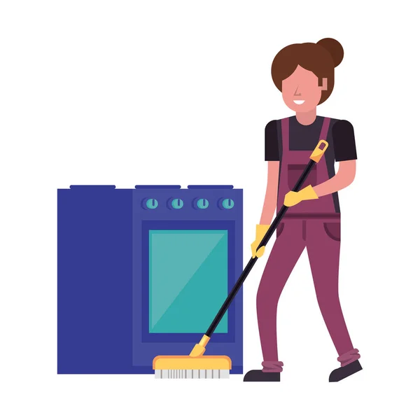 Housekepping woman worker with brush cleaner character — 스톡 벡터