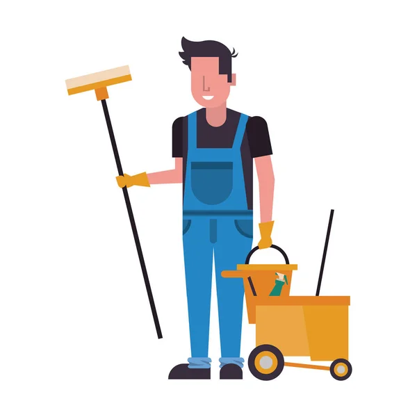 Housekepping lavoratore maschile con spazzola scopa — Vettoriale Stock