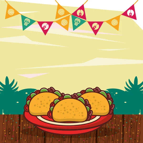 Délicieux tacos nourriture mexicaine avec des guirlandes — Image vectorielle