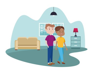 Oturma odasındaki genç çift karakterleri