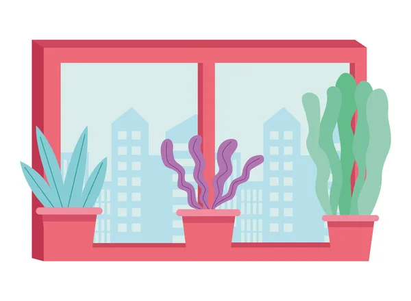 Windows with plant pots cartoon — ストックベクタ