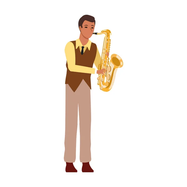 Musicista dei cartoni animati con strumento a tromba, design piatto — Vettoriale Stock