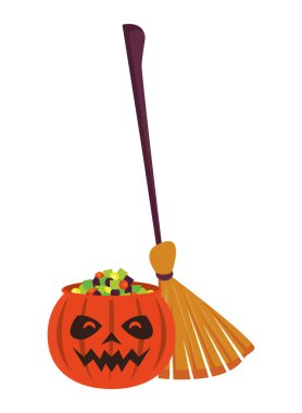 Tatlı şeker ve cadı süpürgesiyle Cadılar Bayramı balkabağı